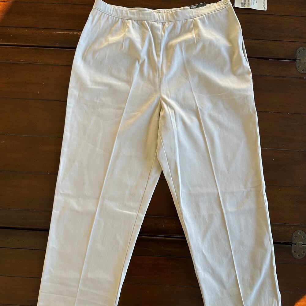 NWT St Johns Bay Pants Cream Pants Secret Stretch Waist Cement Cotton Minimal - Picture 1 of 8